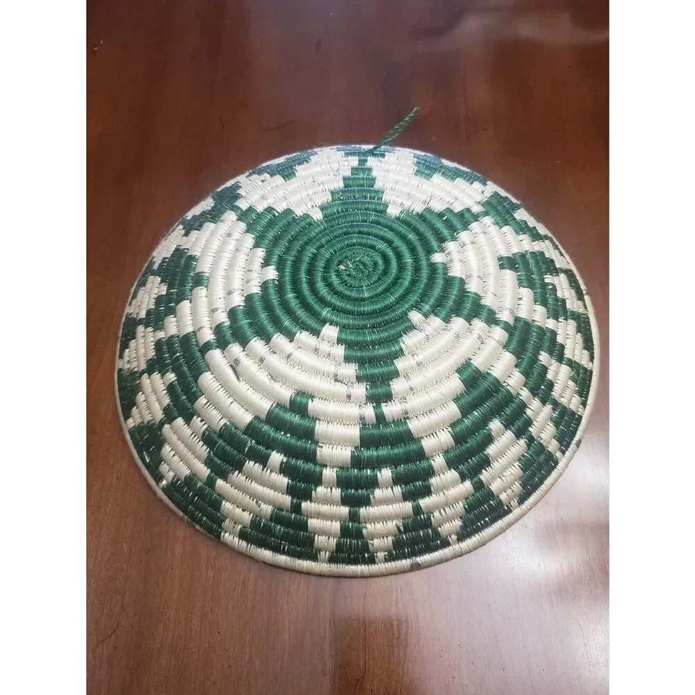 AFRICAN WALL BASKET Hand Woven Rwanda Bowl Green Cream